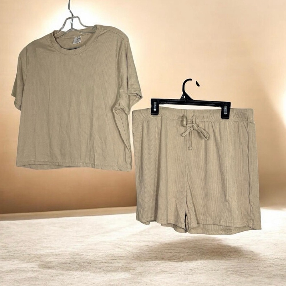 Essentials Ribbed Two-Piece Lounge Set in Light Beige